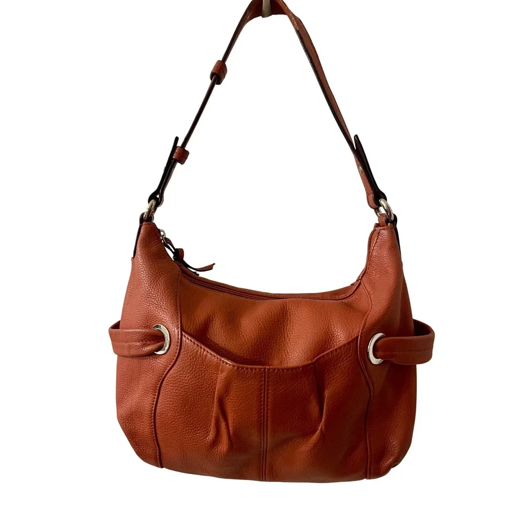 Tignanello Orange Pebbled Leather Hobo Shoulder Bag Purse Top Zip Silver Accents